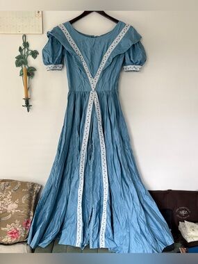Vintage 70s Handmade Blue Prairie Maxi Dress Puff Sleeve XS Ribbon Circle Skirt